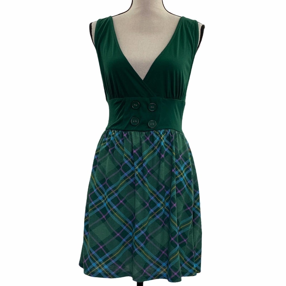 DEREK Heart Green Plaid Plunging Button Dress M